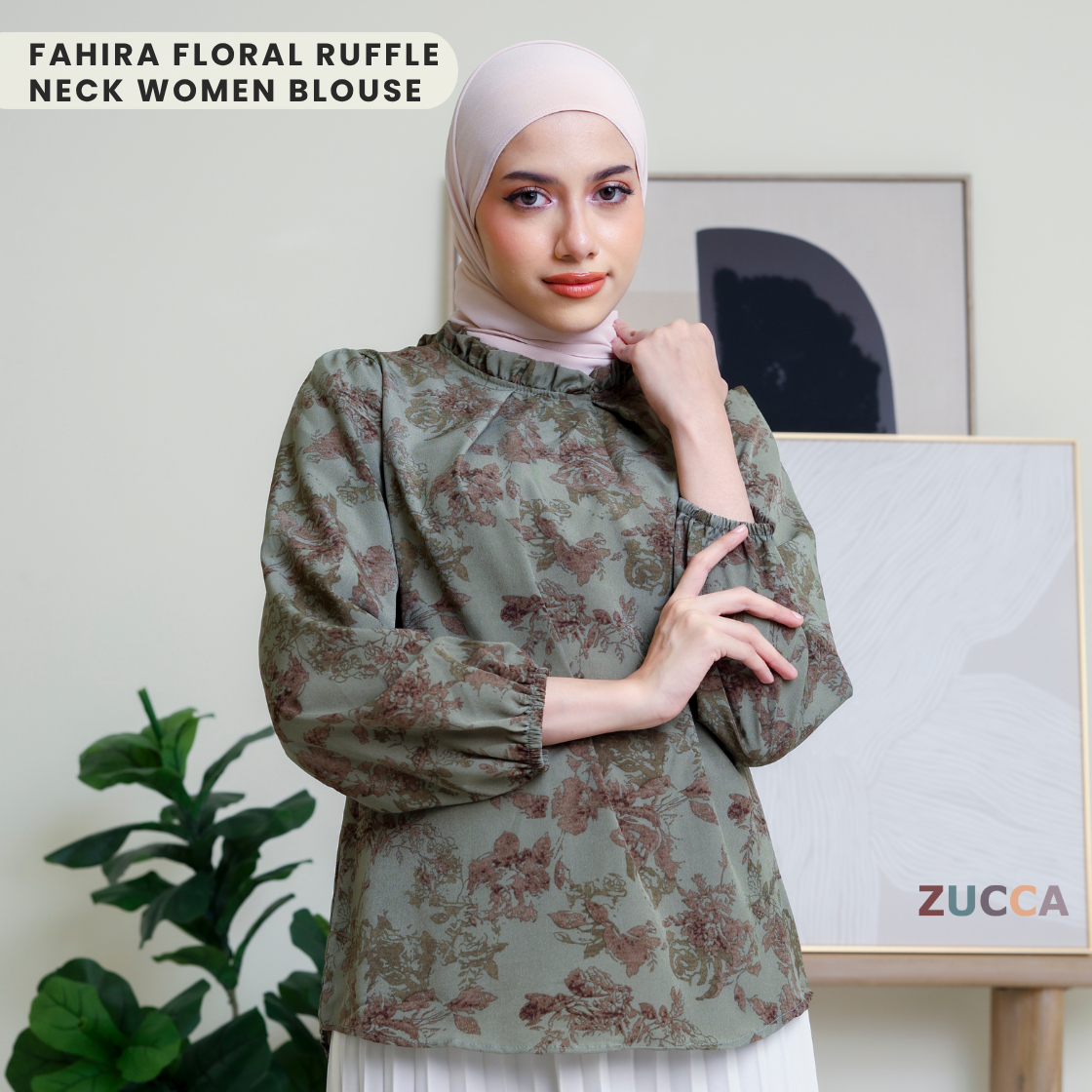 ZUCCA FAHIRA FLORAL RUFFLE NECK WOMEN BLOUSE - DM114 BAJU WANITA Cotton Button Long Sleeve Sleeve Muslimah