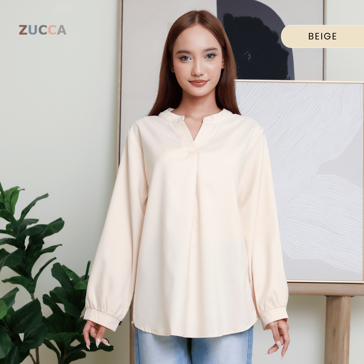 ZUCCA ANDRA KEMEJA KASUAL WANITA LEHER V TANPA CORAK - DM247