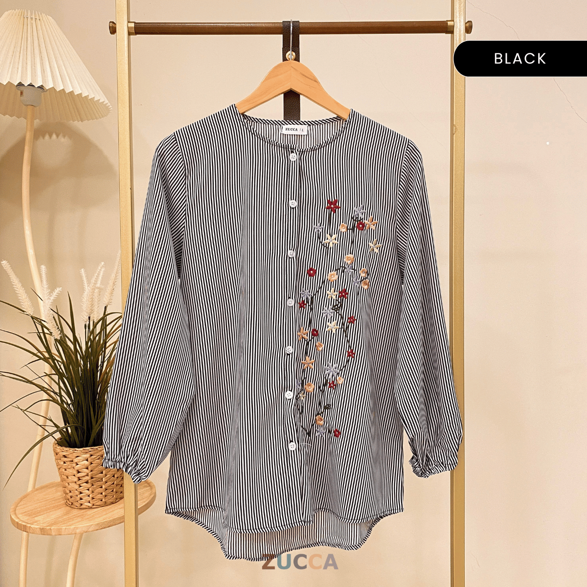 ZUCCA AUFA FLORAL EMBROIDERED STRIPE COTTON BLOUSE - DM239