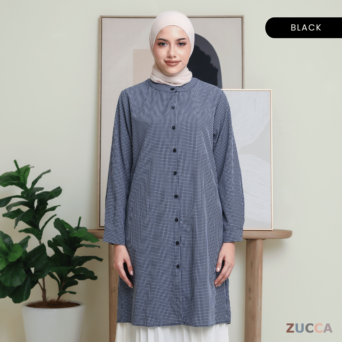 ZUCCA AVELIA GINGHAM CHECKER LONG BLOUSE - DM245 BAJU WANITA