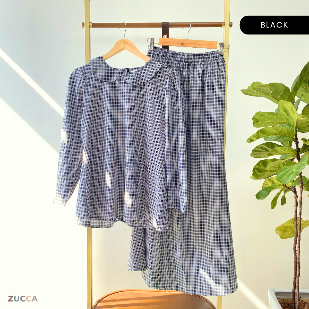 ZUCCA MARGARITA MODEST PLAID TWO-PIECE SET BLOUSE AND SKIRT - DMSET006