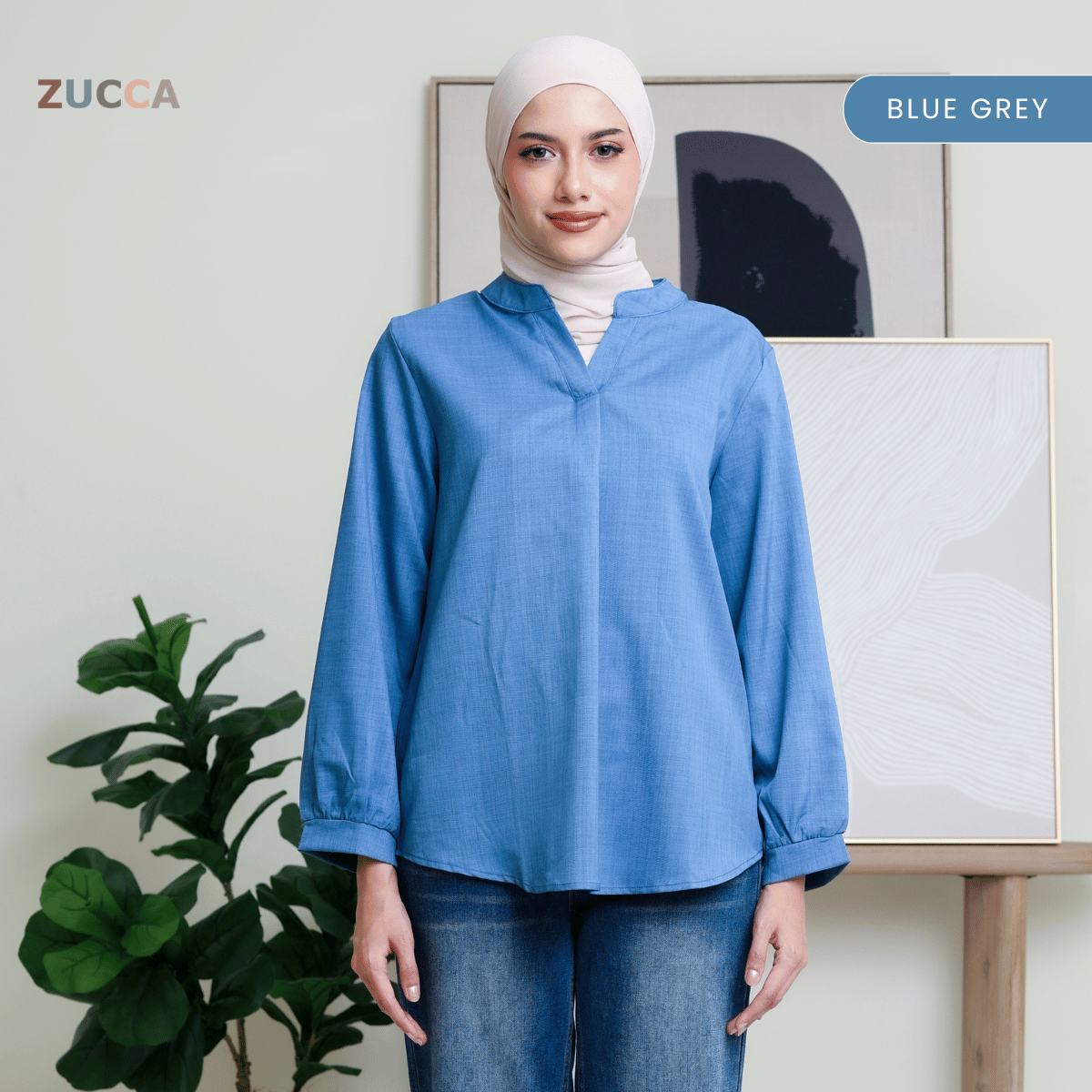 ZUCCA ANDRA KEMEJA KASUAL WANITA LEHER V TANPA CORAK - DM247