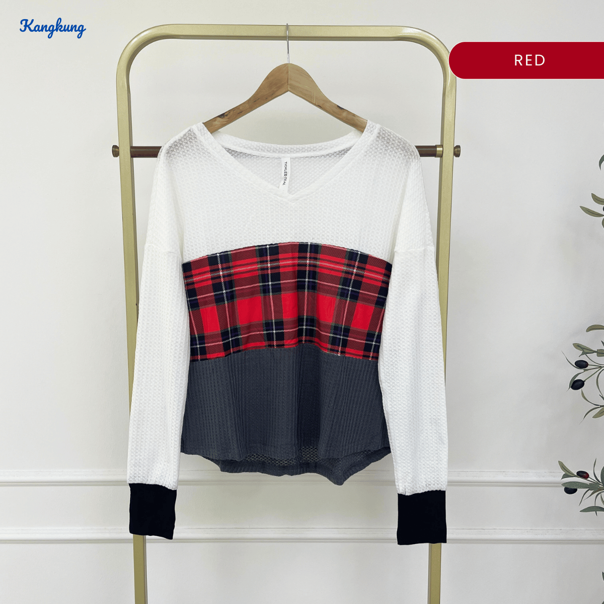 KANGKUNG AMARA CHECKERED CONTRAST KNIT LONG SLEEVE TOP - C1010 (256)