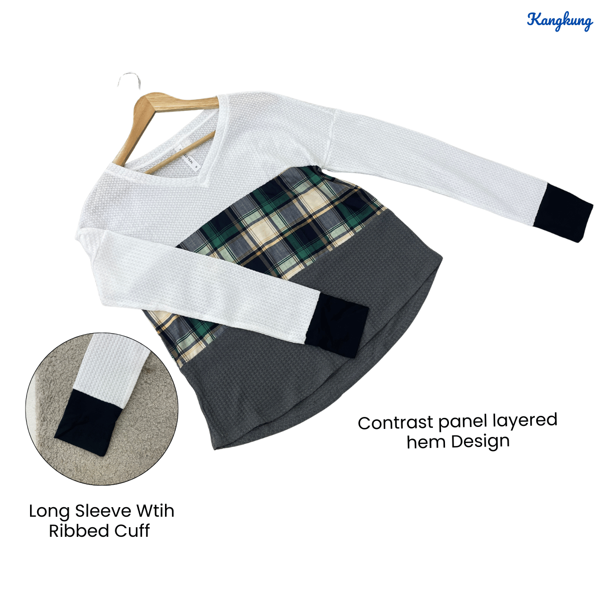 KANGKUNG AMARA CHECKERED CONTRAST KNIT LONG SLEEVE TOP - C1010 (256)