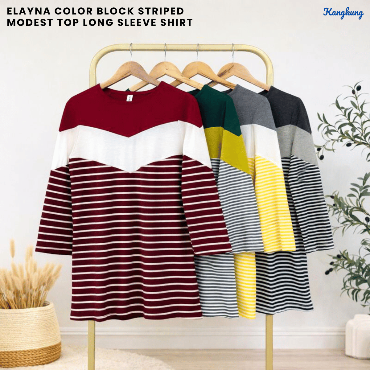 KANGKUNG ELAYNA COLORBLOCK STRIPED MODEST TOP LONG SLEEVE SHIRT - C1015 (270)