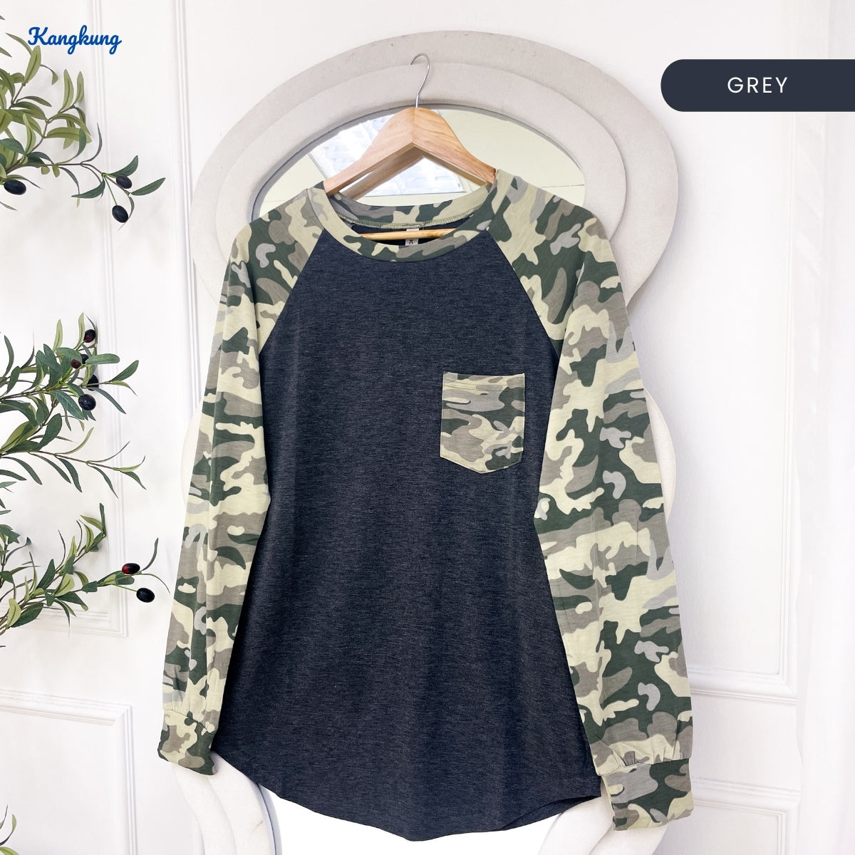 KANGKUNG ZELINA CAMOUFLAGE RAGLAN LONG SLEEVE TOP-C1017 (275)