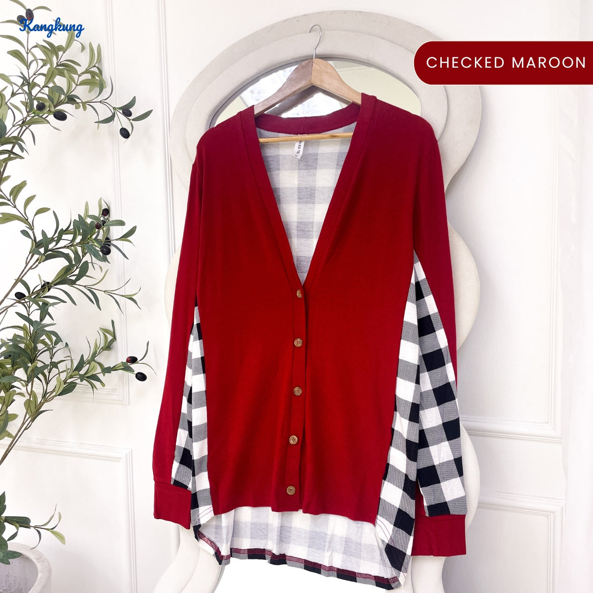 KANGKUNG LUMIRA KASUAL WOMEN V-NECK CARDIGAN WITH PLAID CONTRAST -C1022 (335)