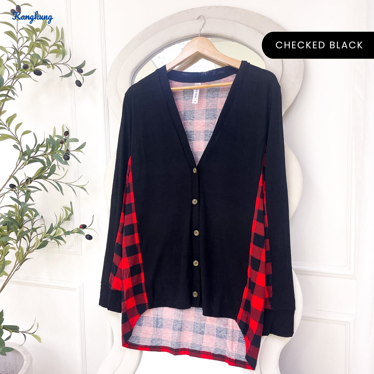 KANGKUNG LUMIRA KASUAL WOMEN V-NECK CARDIGAN WITH PLAID CONTRAST -C1022 (335)