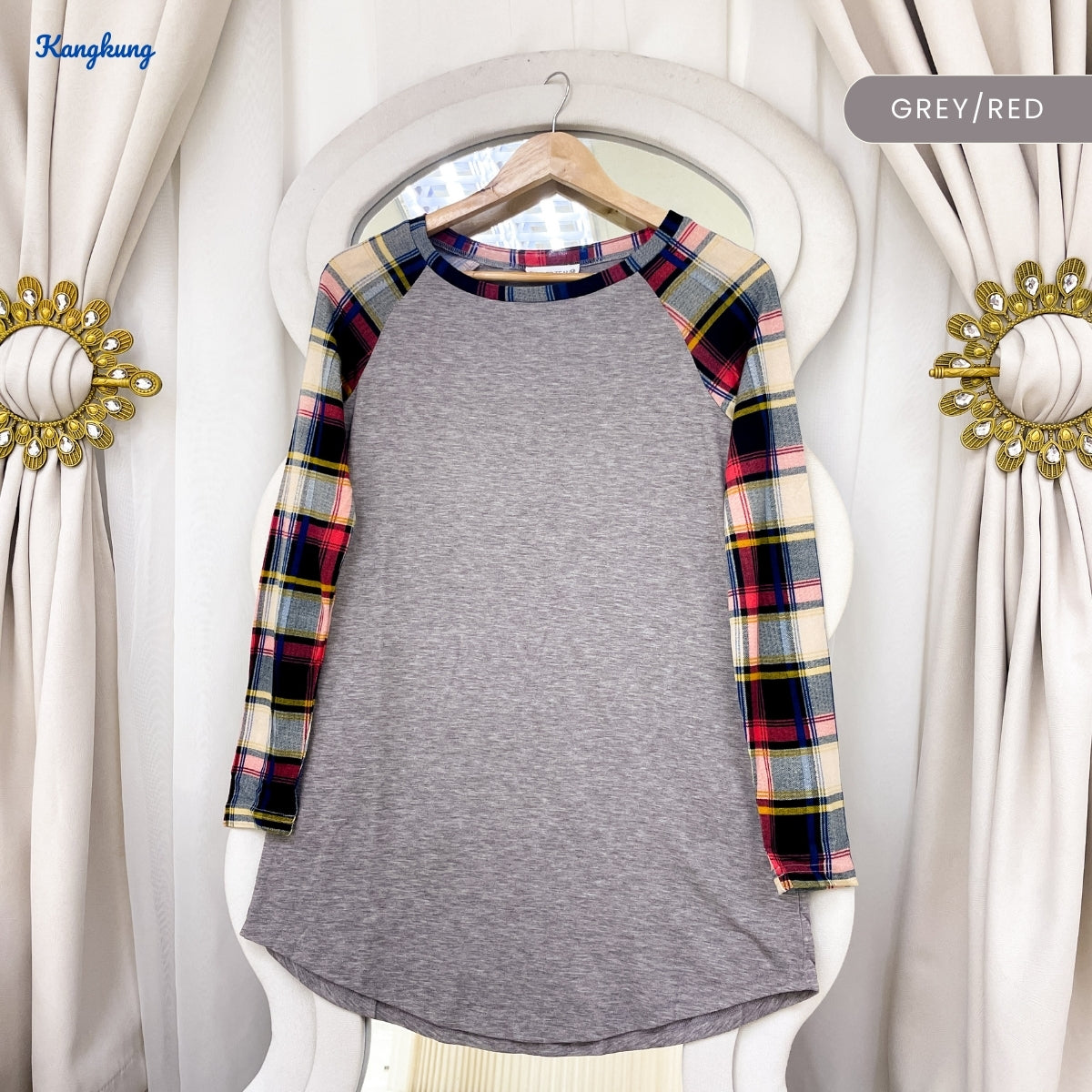 KANGKUNG ZAHRA KASUAL WOMEN GINGHAM SLEEVE SHIRT - C1025 (298)