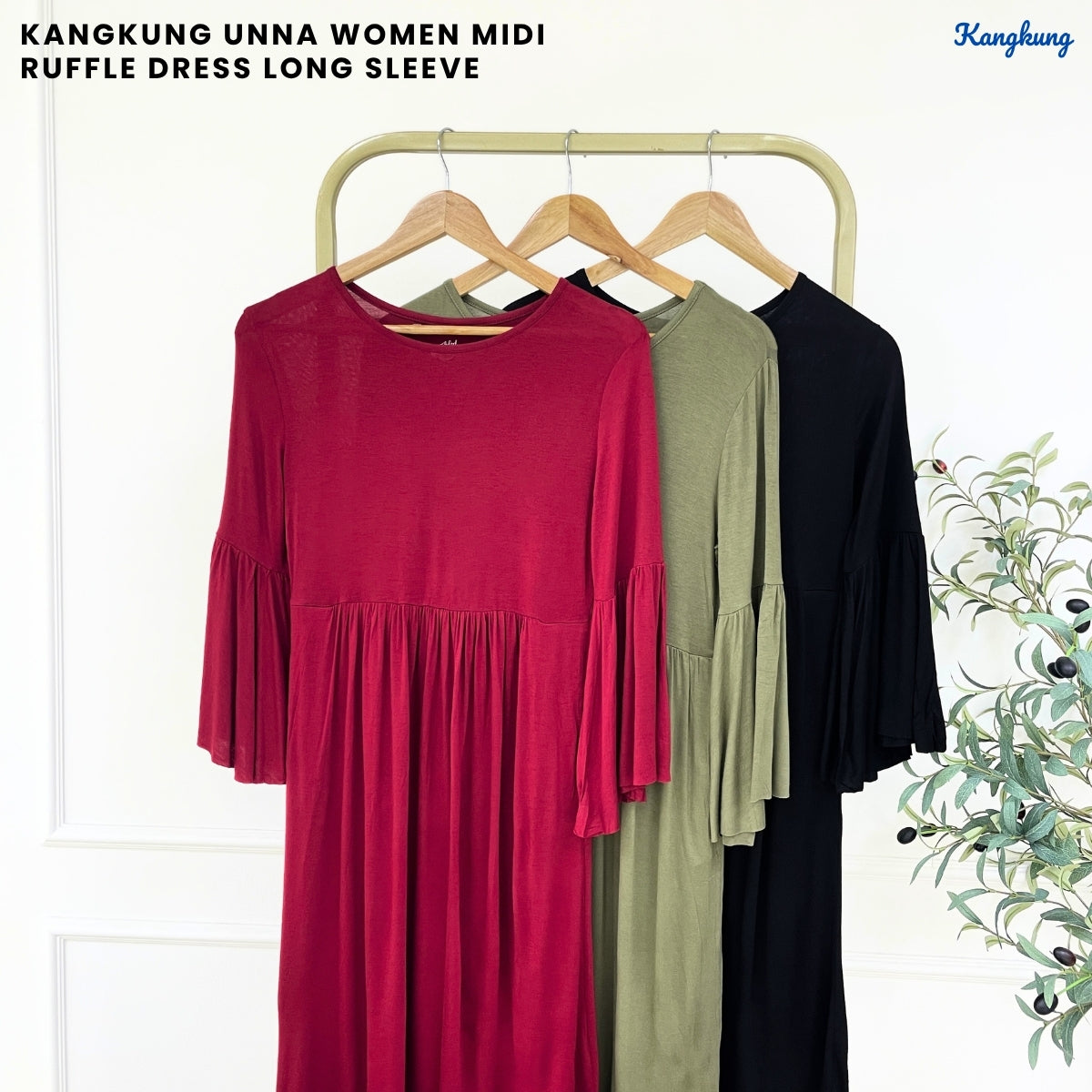 KANGKUNG UNNA WOMEN MIDI RUFFLE DRESS LONG SLEEVE - C1052