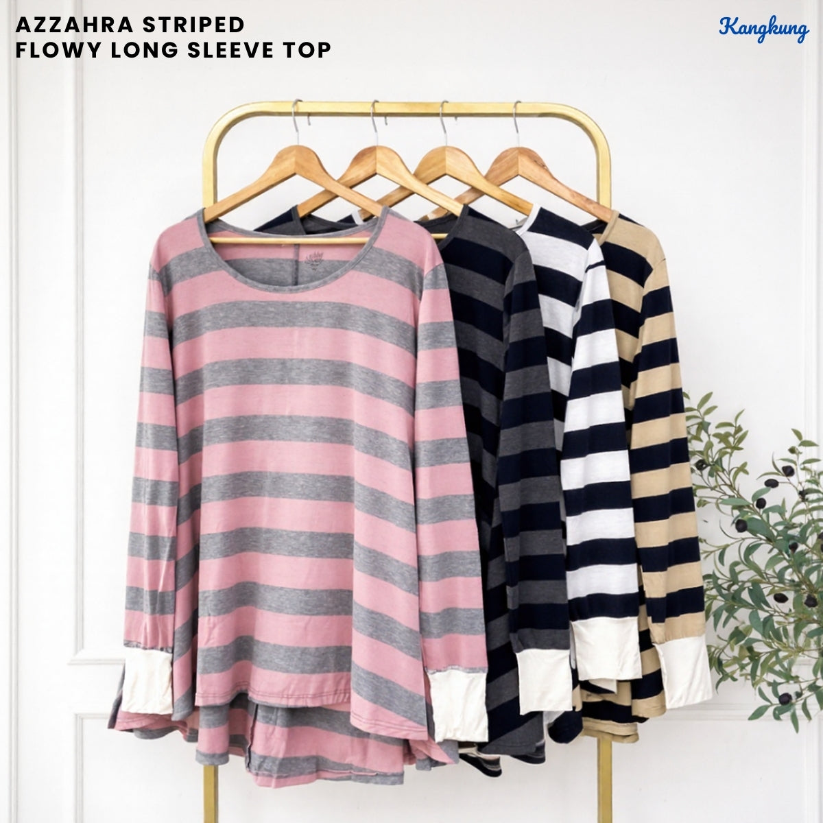 KANGKUNG AZZAHRA STRIPED FLOWY LONG SLEEVE TOP - C1070