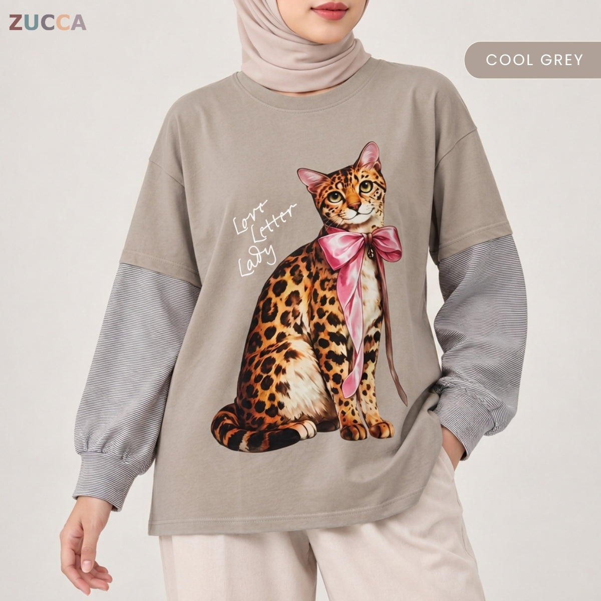 ZUCCA AULIA OVERSIZED LAYERED CAT GRAPHIC LONG SLEEVE TEE - MA255