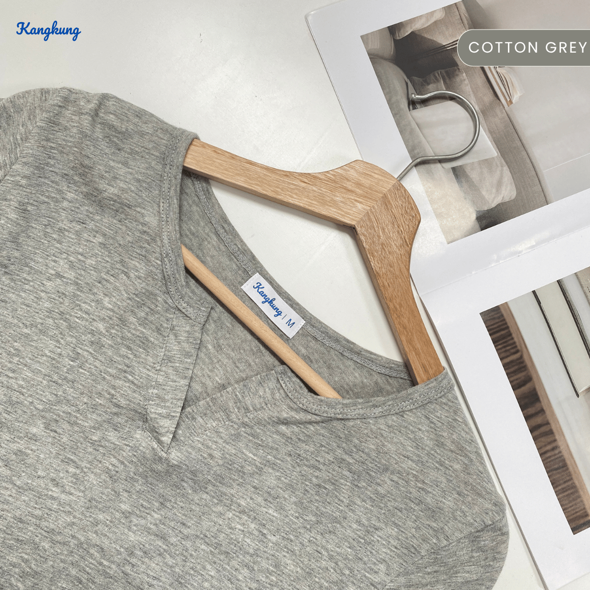 KANGKUNG IKINA KEMEJA KASUAL LEHER V-BULAT - KK120 BAJU WANITA