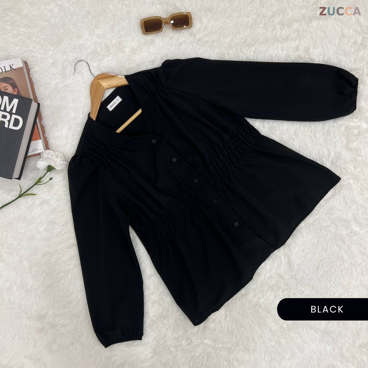 ZUCCA NOVARIA BLOUS WANITA LEHER V BERLIPAT DENGAN RIMPLES - DM075