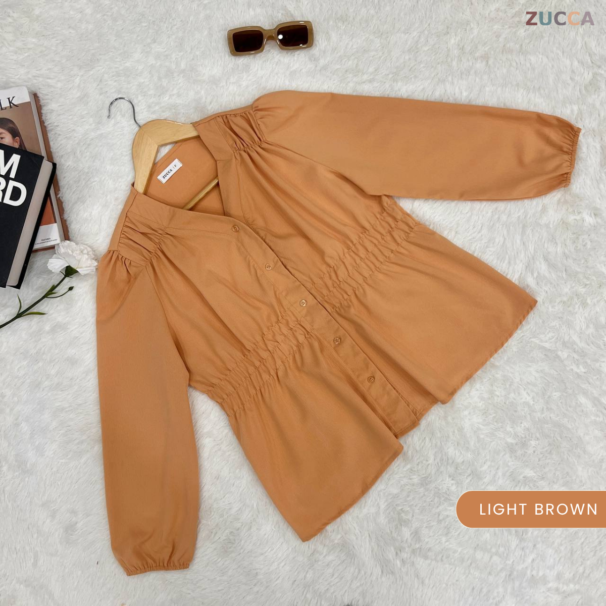 ZUCCA NOVARIA BLOUS WANITA LEHER V BERLIPAT DENGAN RIMPLES - DM075