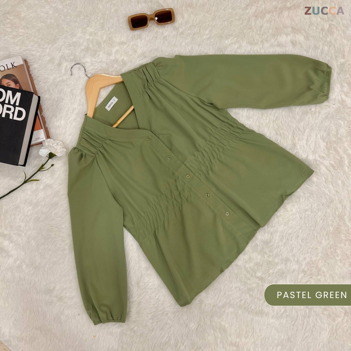 ZUCCA NOVARIA BLOUS WANITA LEHER V BERLIPAT DENGAN RIMPLES - DM075