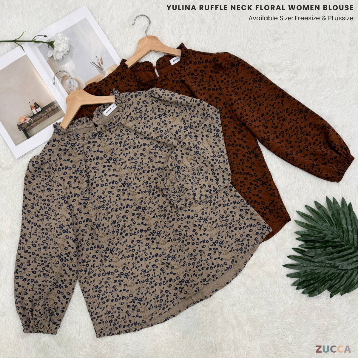 ZUCCA YULINA BLOUS WANITA BERCORAK FLORAL BERSERTA LEHER BERTINGKAT – DM094