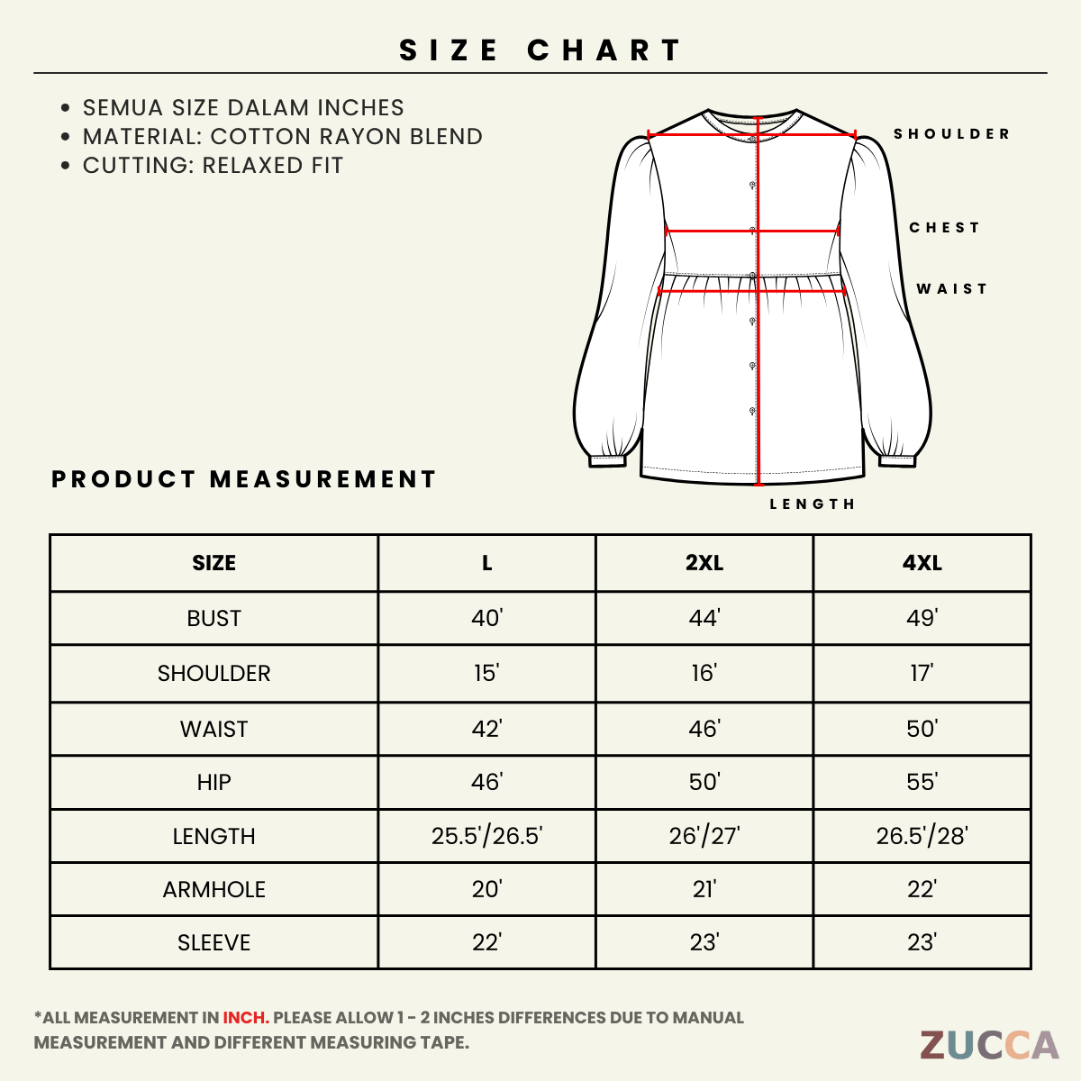 ZUCCA FAHIRA FLORAL RUFFLE NECK WOMEN BLOUSE - DM114 BAJU WANITA Cotton Button Long Sleeve Sleeve Muslimah