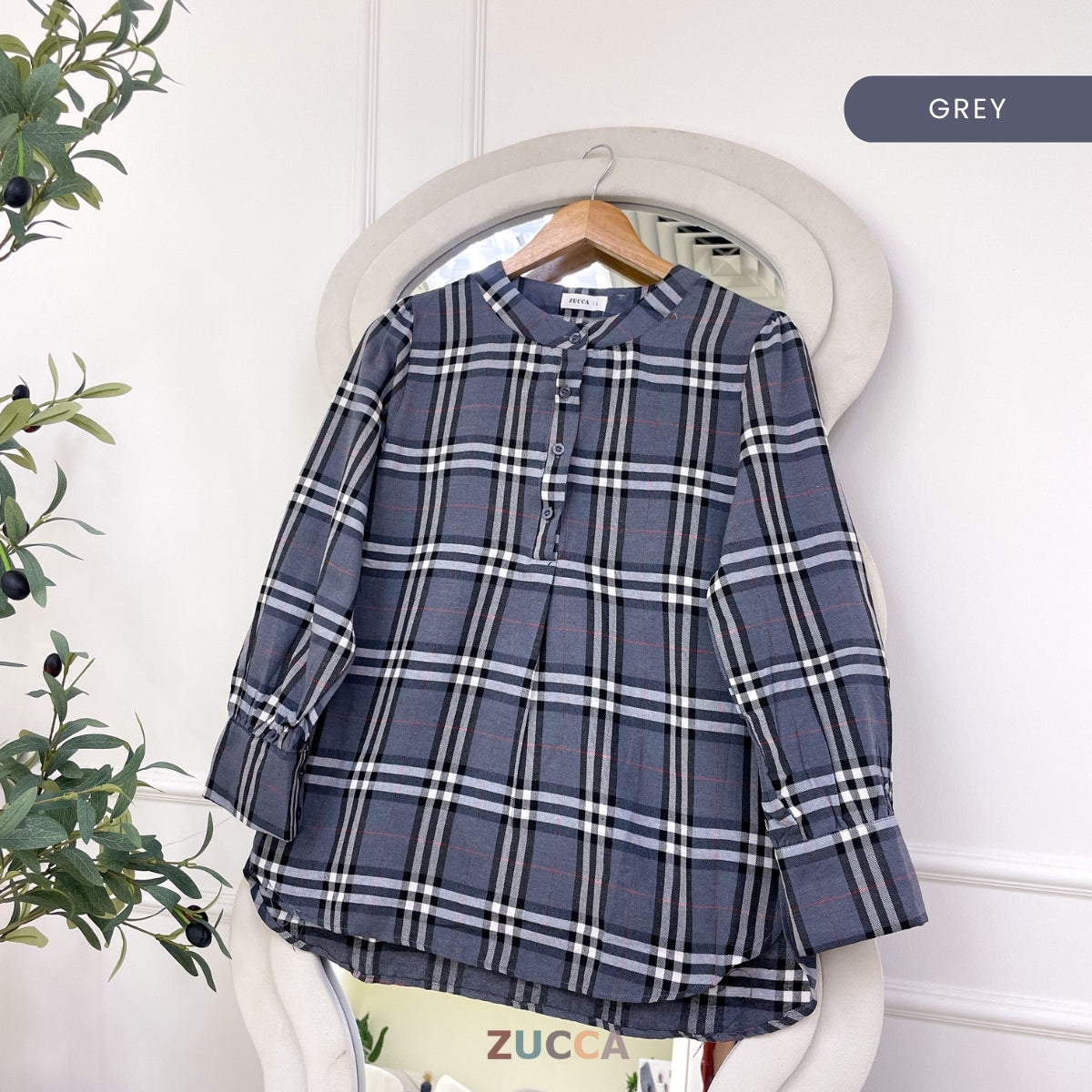 ZUCCA TASHA HALF BUTTON CHECKERED BLOUSE - DM130