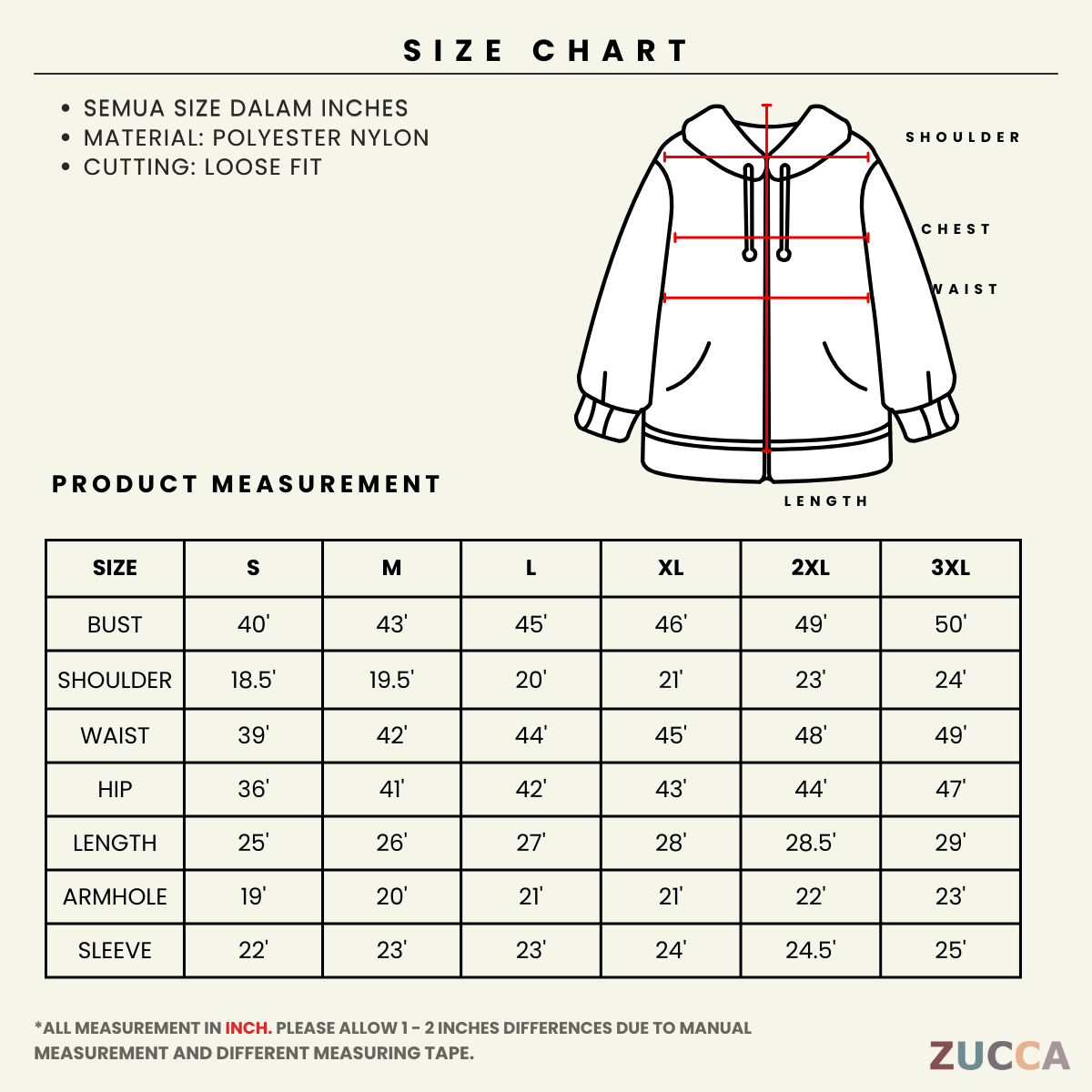 ZUCCA RAVEN HOODED WINDBREAKER BAJU PEREMPUAN S-3XL - MS005