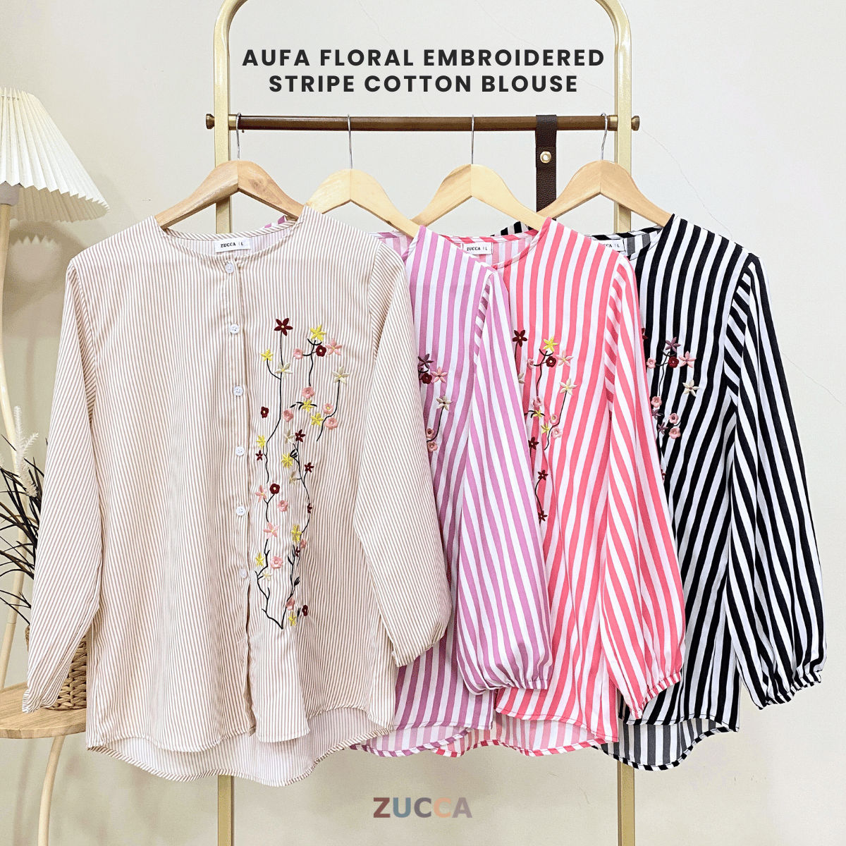 ZUCCA AUFA FLORAL EMBROIDERED STRIPE COTTON BLOUSE - DM239