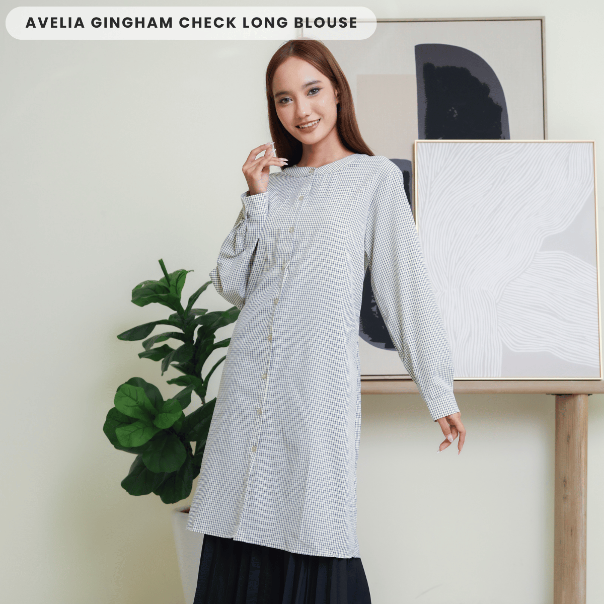ZUCCA AVELIA GINGHAM CHECKER LONG BLOUSE - DM245 BAJU WANITA