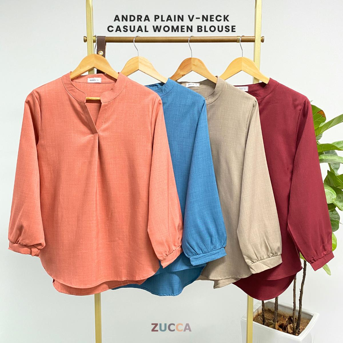 ZUCCA ANDRA KEMEJA KASUAL WANITA LEHER V TANPA CORAK - DM247