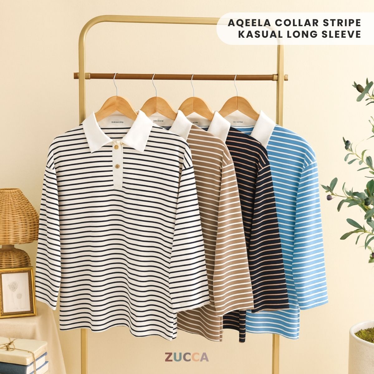 ZUCCA AQEELA COLLAR STRIPE KASUAL LONG SLEEVE BAJU PEREMPUAN - DM293