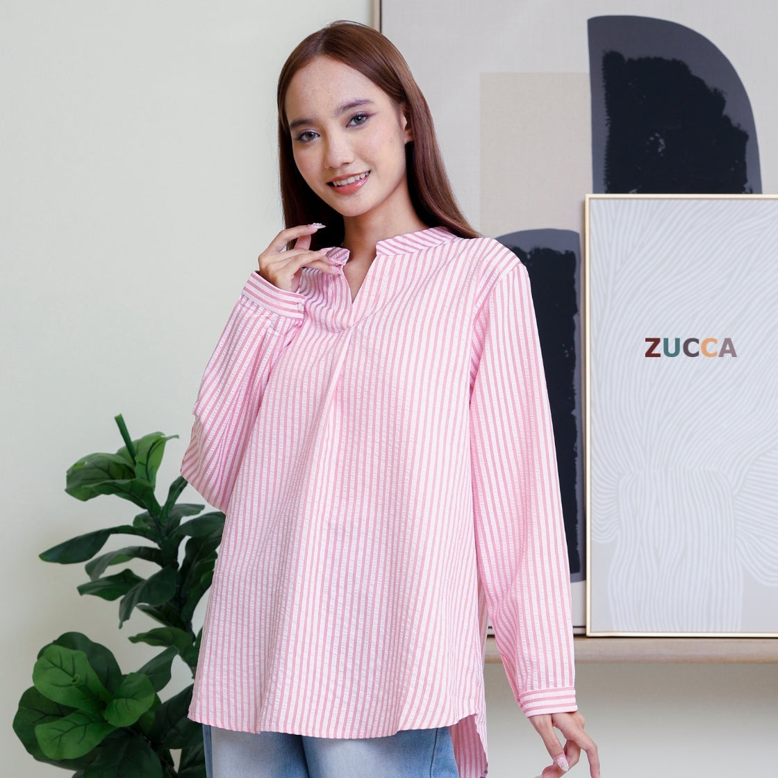 ZUCCA ELVIANA STRIPE TEXTURED BLOUSE-DM300