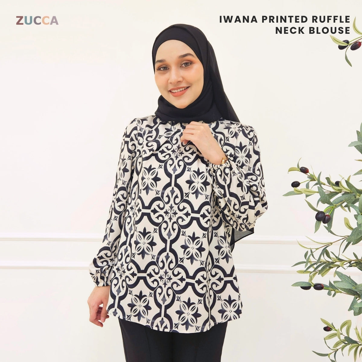 ZUCCA IWANA PRINTED RUFFLE NECK BLOUSE - DM303