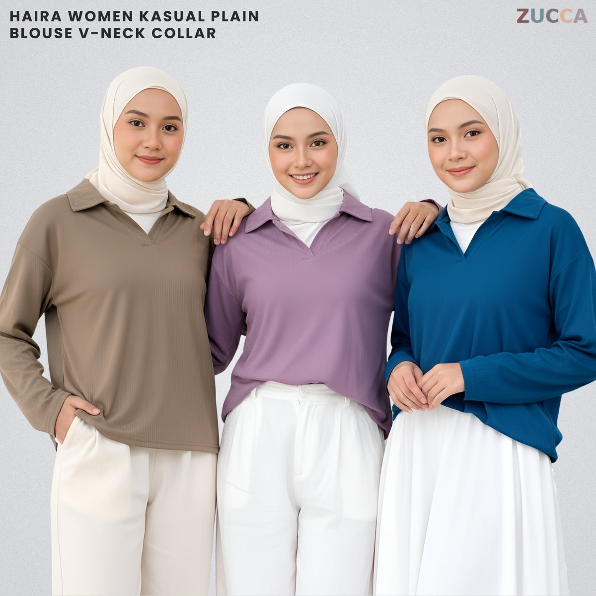 ZUCCA HAIRA WOMEN KASUAL PLAIN BLOUSE V-NECK COLLAR - DM320