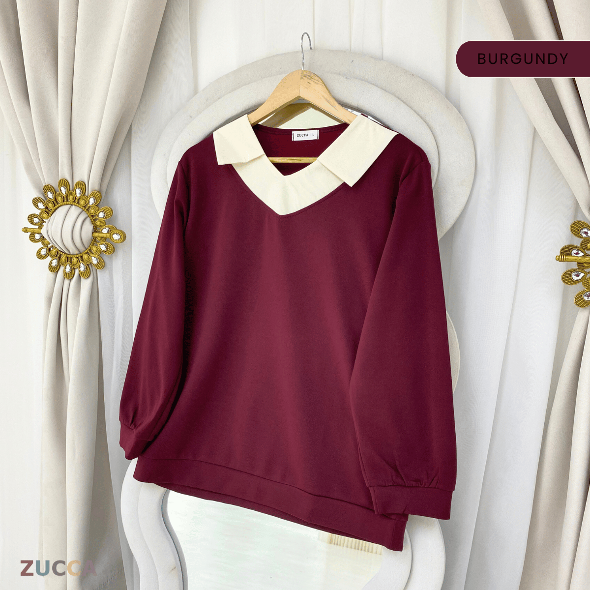 ZUCCA RUBY CONTRAST COLLAR LONG SLEEVE MODEST TOP-DM3205