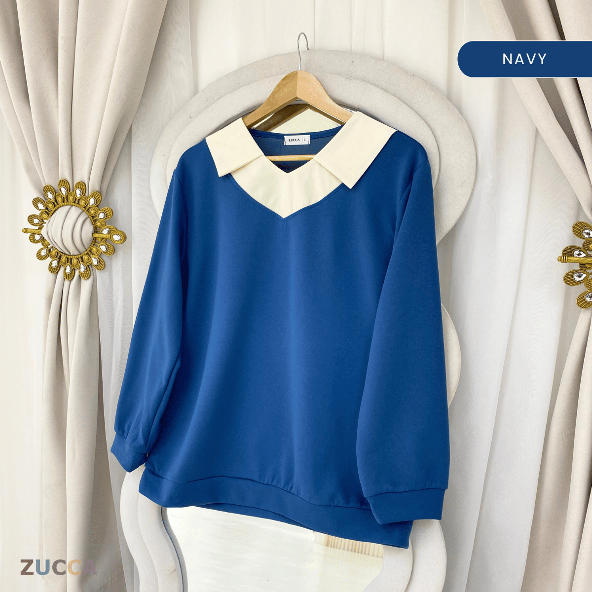 ZUCCA RUBY CONTRAST COLLAR LONG SLEEVE MODEST TOP-DM3205