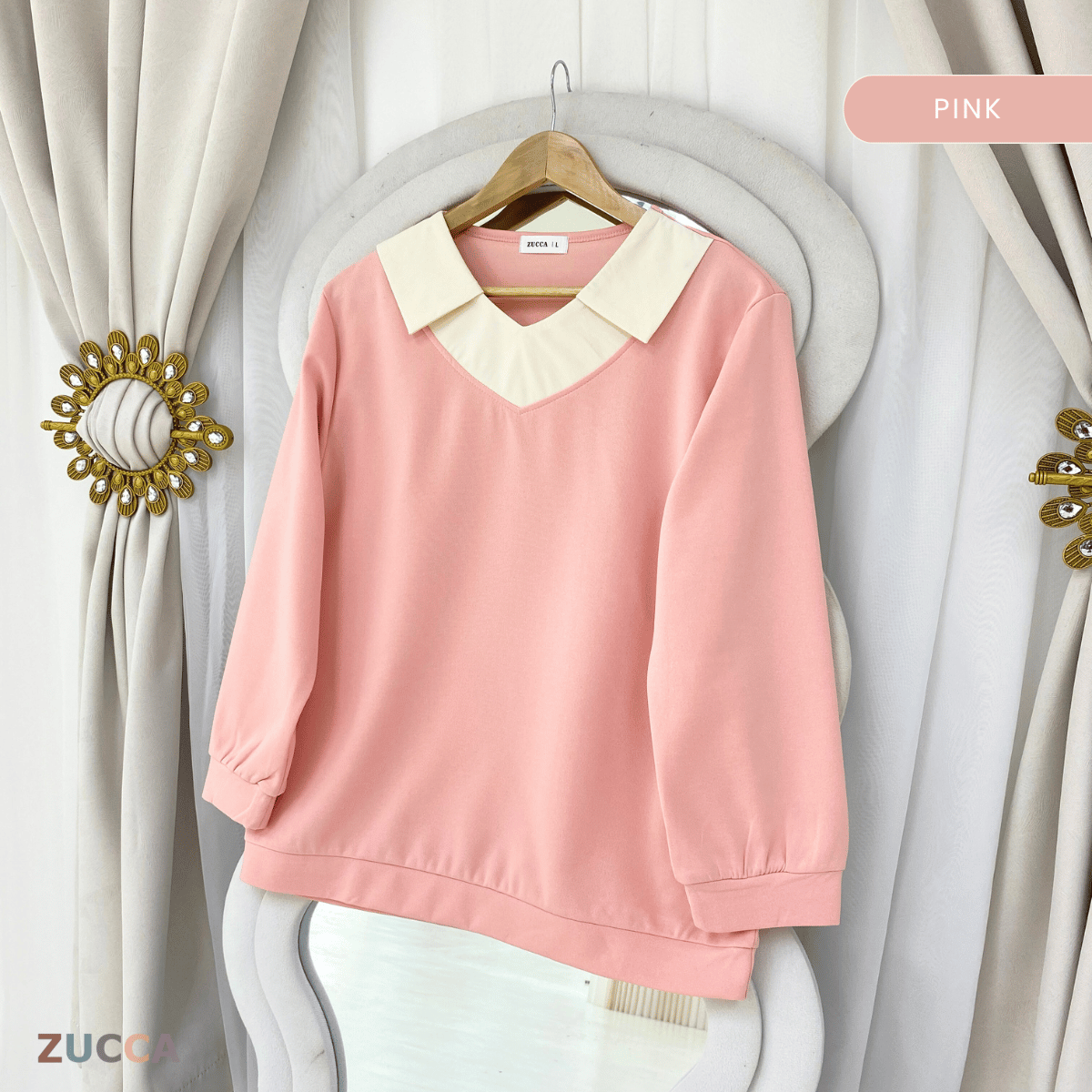 ZUCCA RUBY CONTRAST COLLAR LONG SLEEVE MODEST TOP-DM3205
