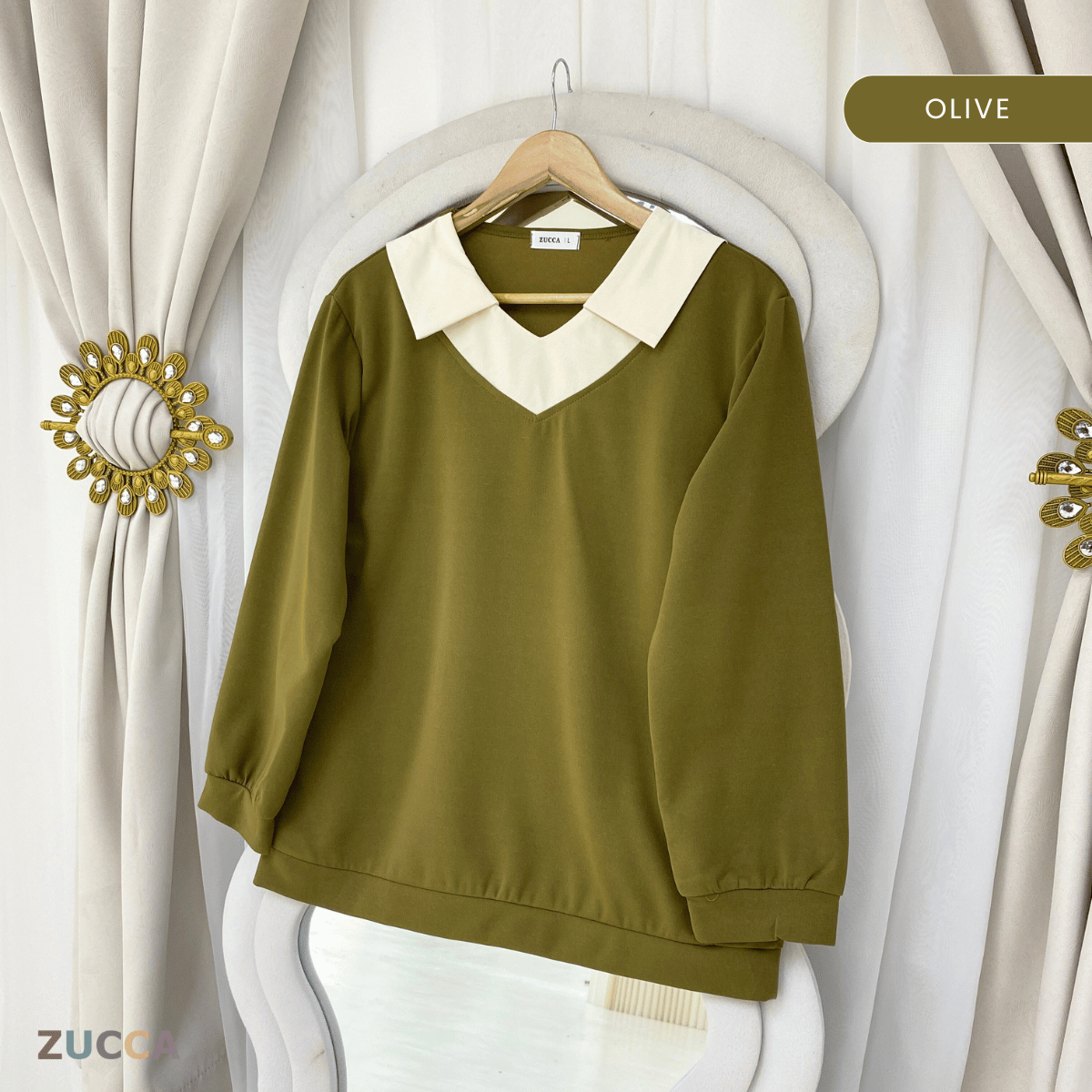 ZUCCA RUBY CONTRAST COLLAR LONG SLEEVE MODEST TOP-DM3205