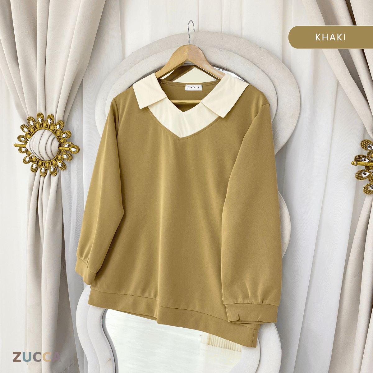 ZUCCA RUBY CONTRAST COLLAR LONG SLEEVE MODEST TOP-DM3205