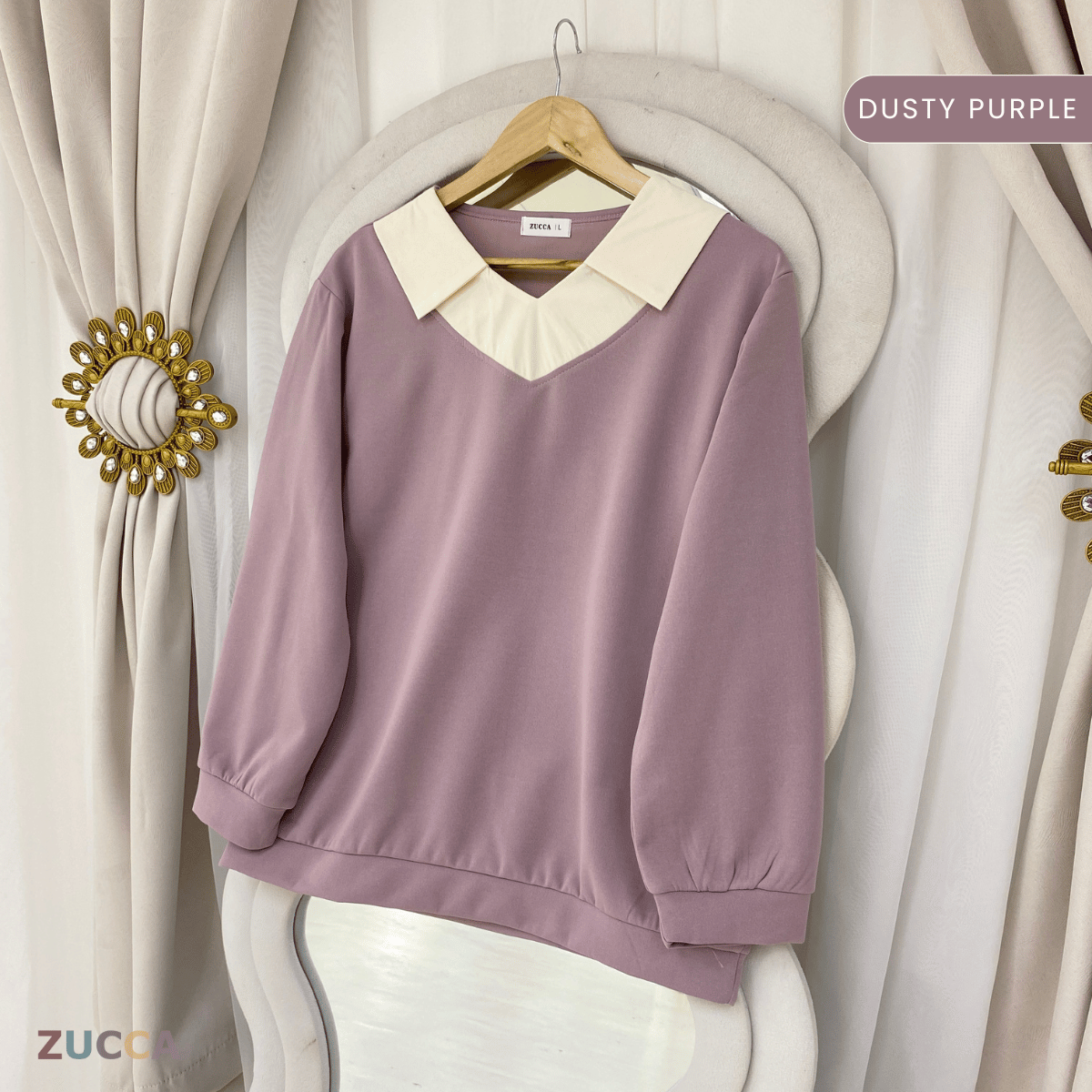 ZUCCA RUBY CONTRAST COLLAR LONG SLEEVE MODEST TOP-DM3205