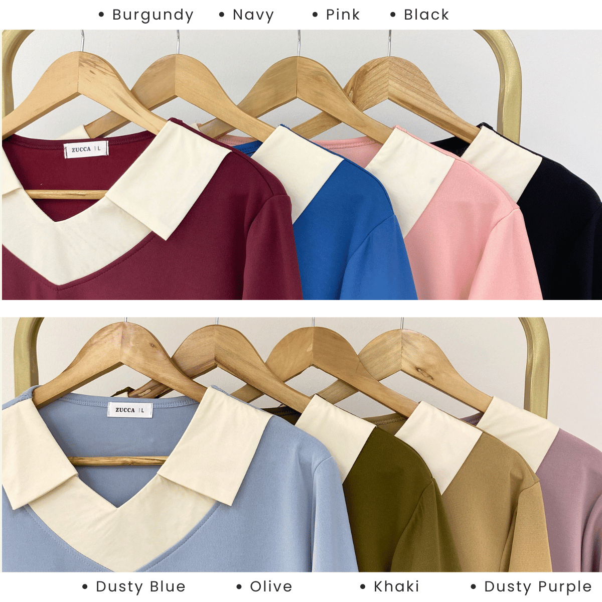 ZUCCA RUBY CONTRAST COLLAR LONG SLEEVE MODEST TOP-DM3205