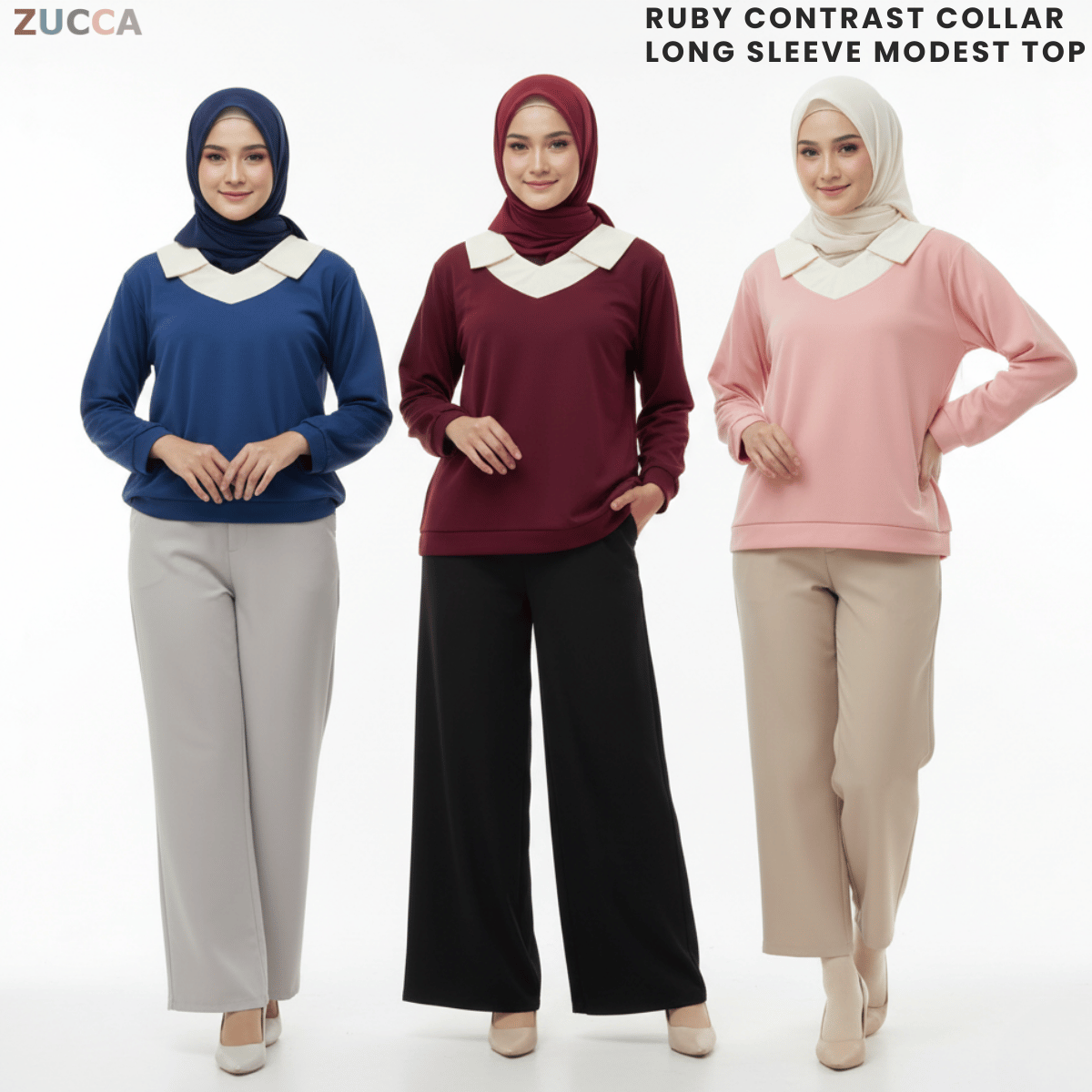 ZUCCA RUBY CONTRAST COLLAR LONG SLEEVE MODEST TOP-DM3205