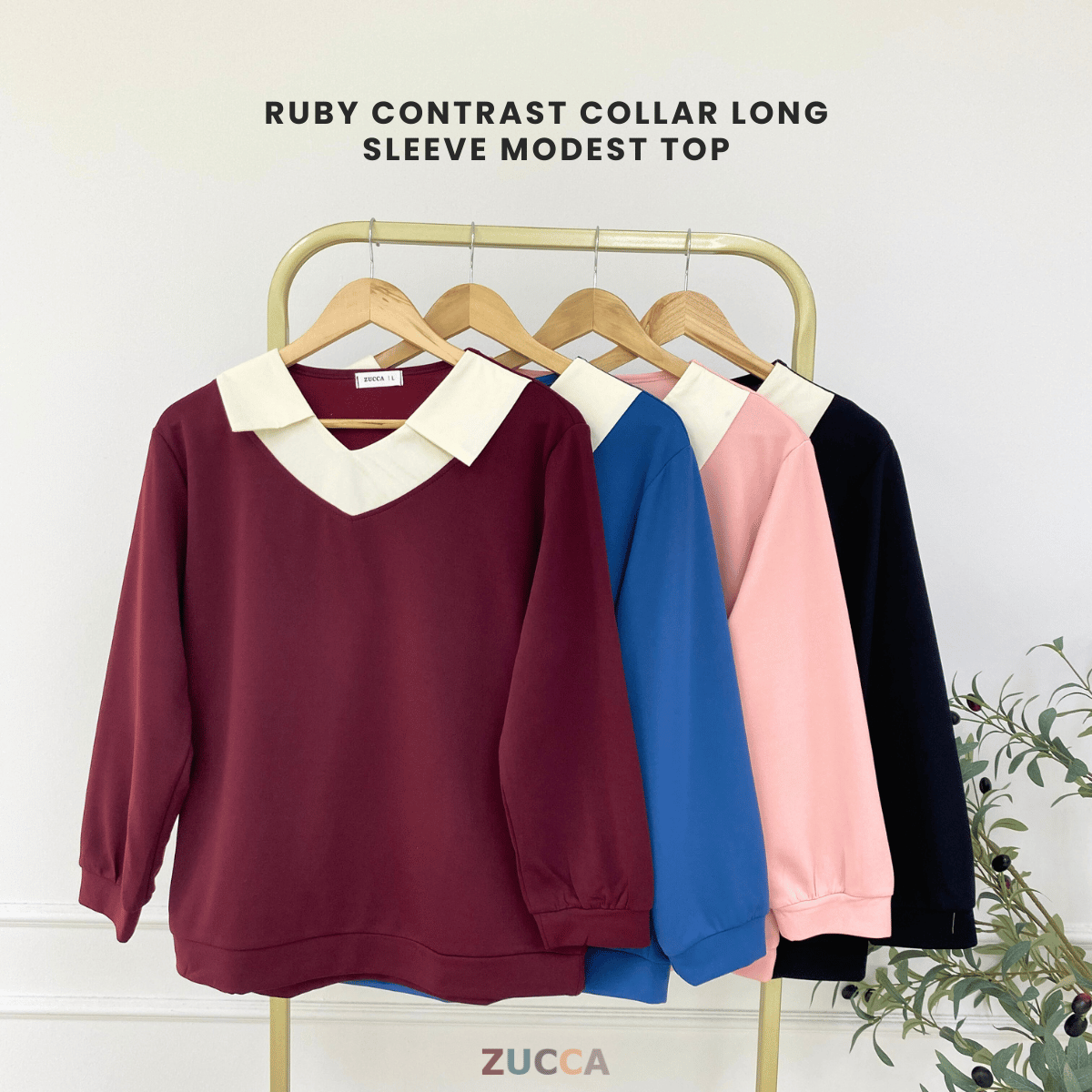 ZUCCA RUBY CONTRAST COLLAR LONG SLEEVE MODEST TOP-DM3205