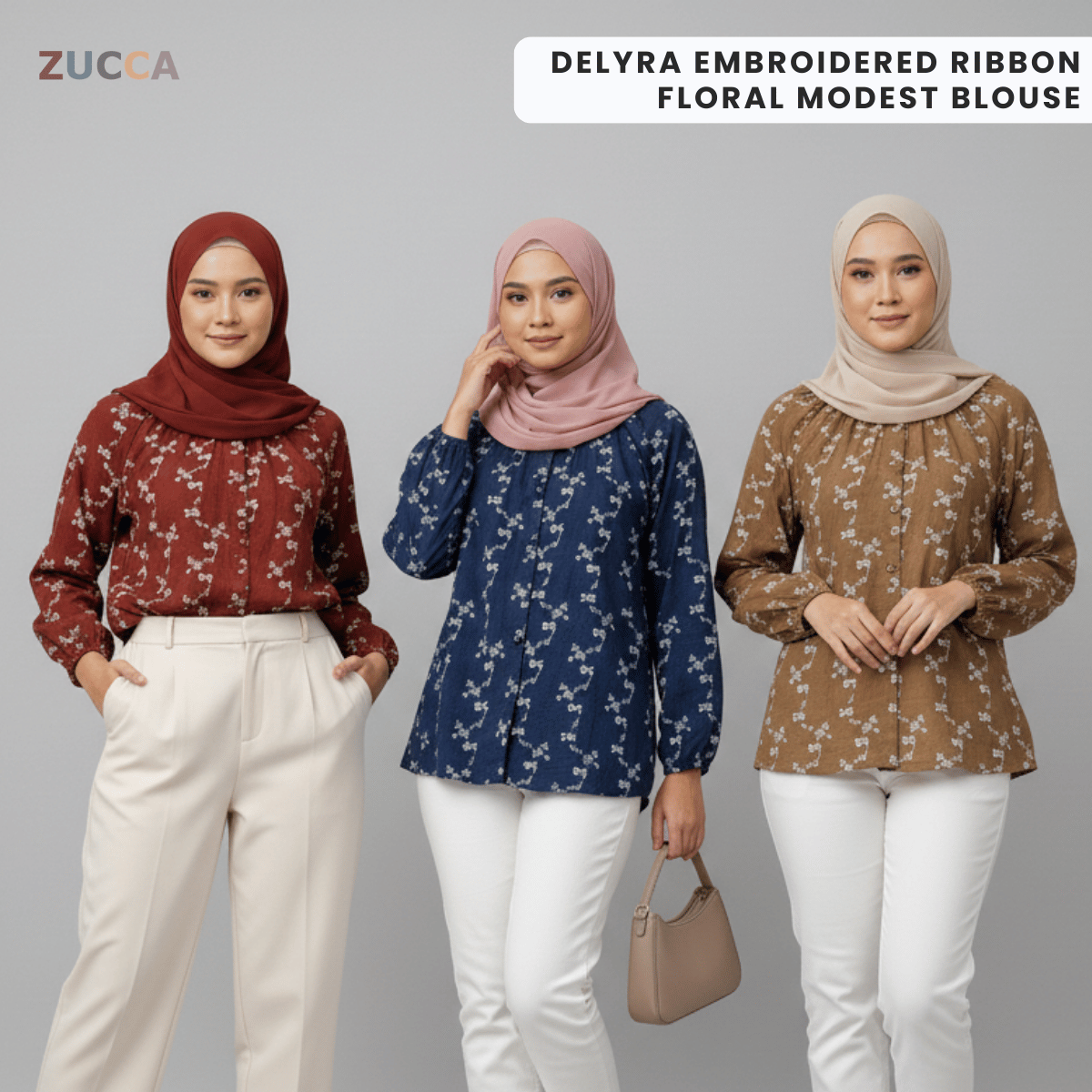 ZUCCA DELYRA EMBROIDERED RIBBON FLORAL MODEST BLOUSE - DM334
