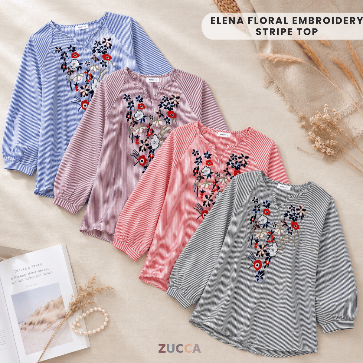 ZUCCA ELENA FLORAL EMBROIDERY STRIPE TOP-DM341