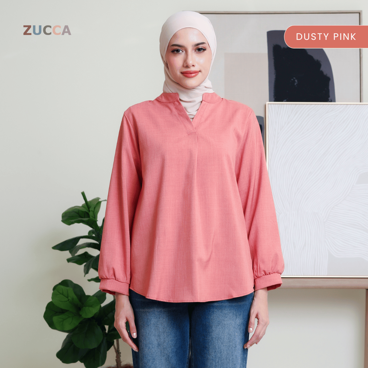 ZUCCA ANDRA KEMEJA KASUAL WANITA LEHER V TANPA CORAK - DM247