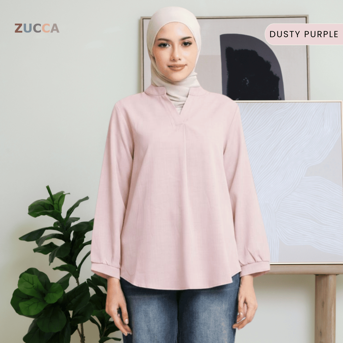 ZUCCA ANDRA KEMEJA KASUAL WANITA LEHER V TANPA CORAK - DM247