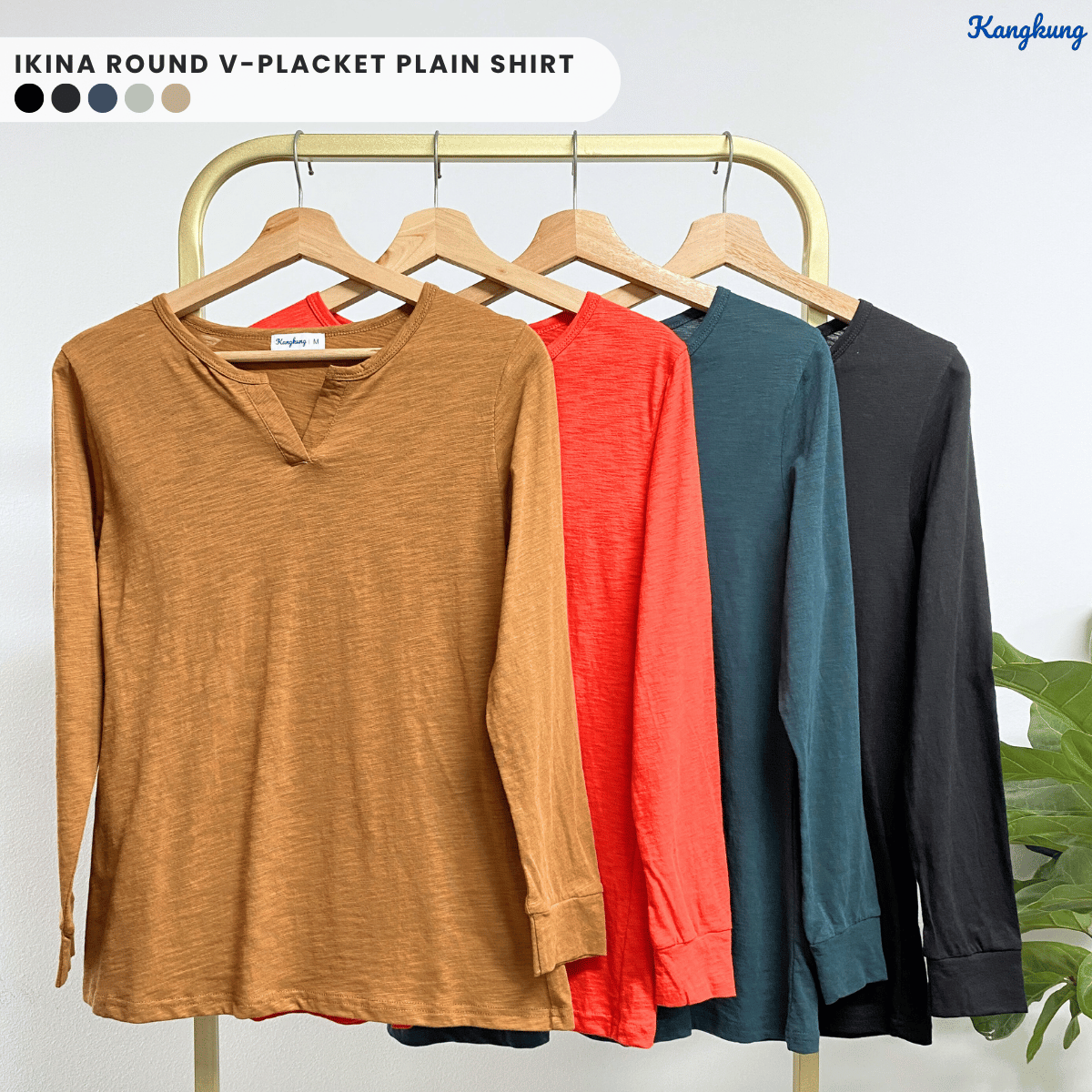 KANGKUNG IKINA KEMEJA KASUAL LEHER V-BULAT - KK120 BAJU WANITA