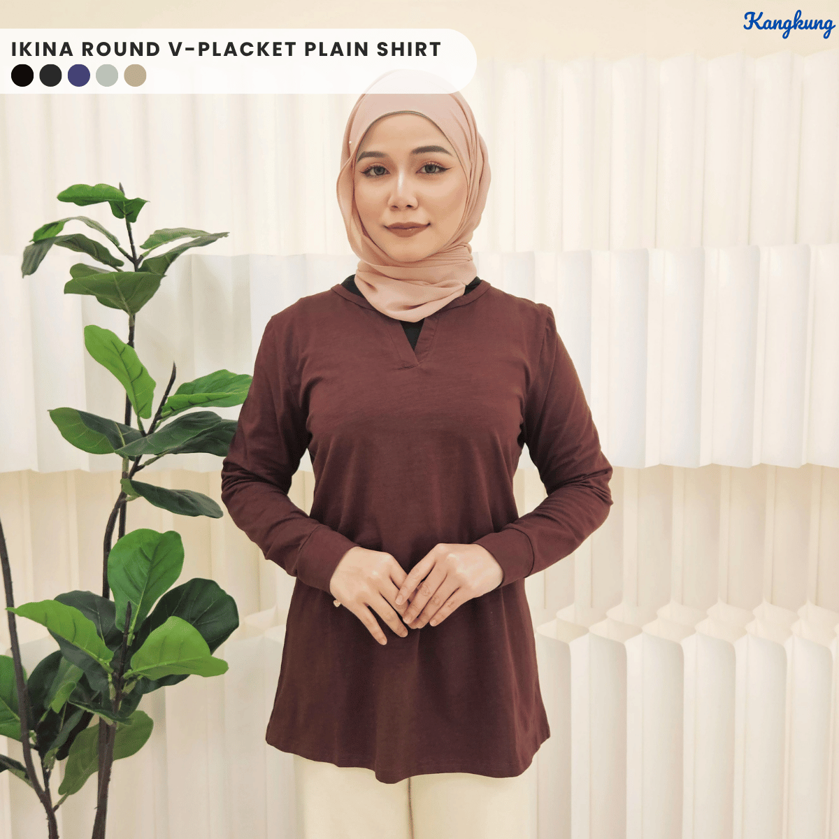 KANGKUNG IKINA KEMEJA KASUAL LEHER V-BULAT - KK120 BAJU WANITA