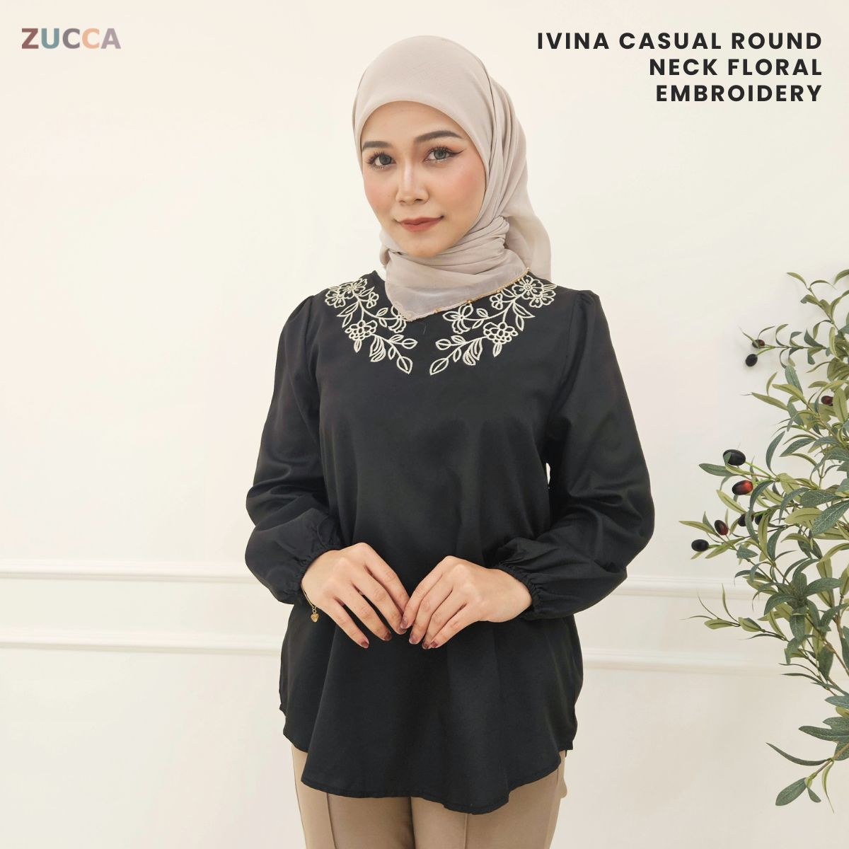 ZUCCA IVINA BLOUS KASUAL BERCORAK SULAMAN FLORAL LEHER BULAT – MA056