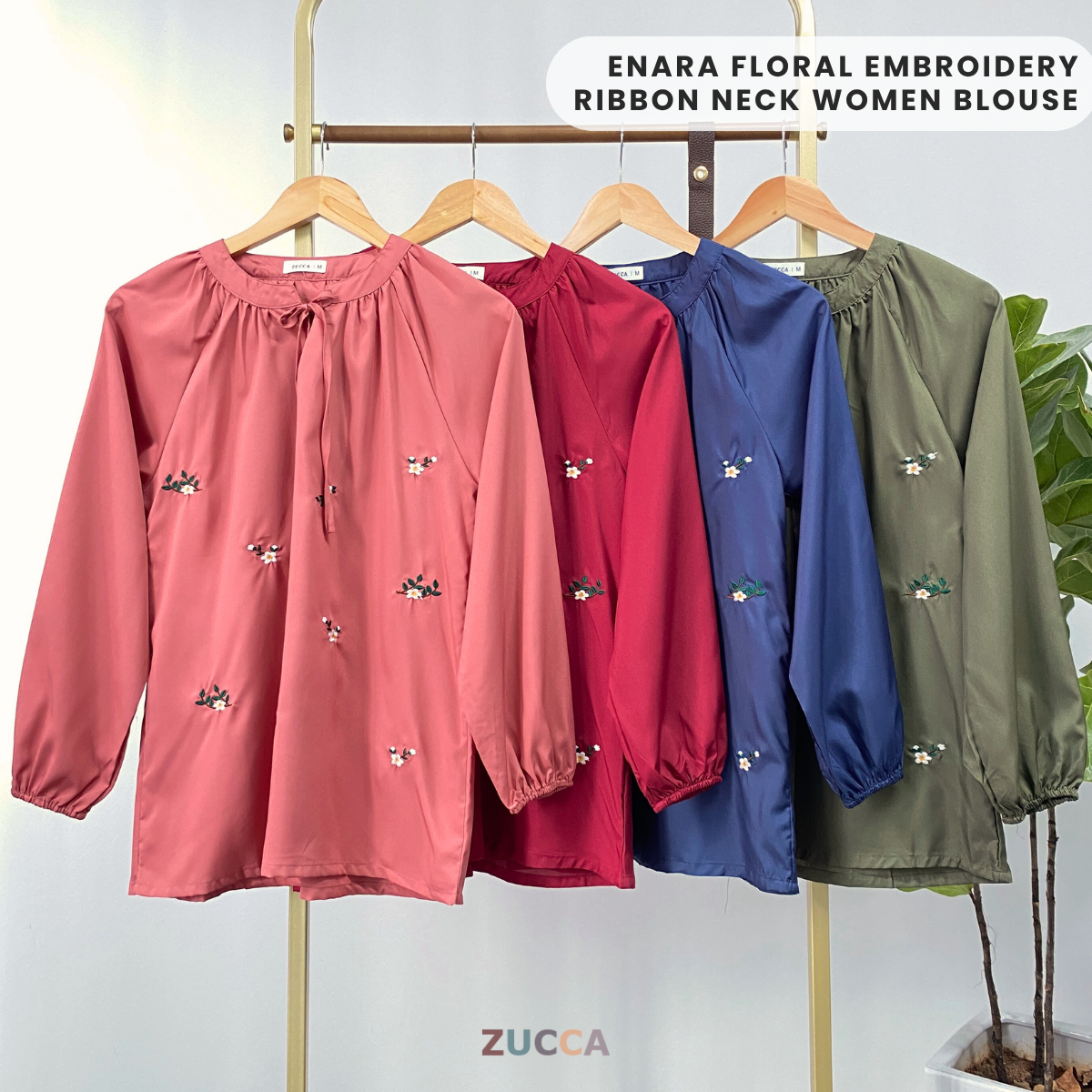 ZUCCA ENARA FLORAL EMBROIDERY RIBBON NECK WOMEN BLOUSE - MA060
