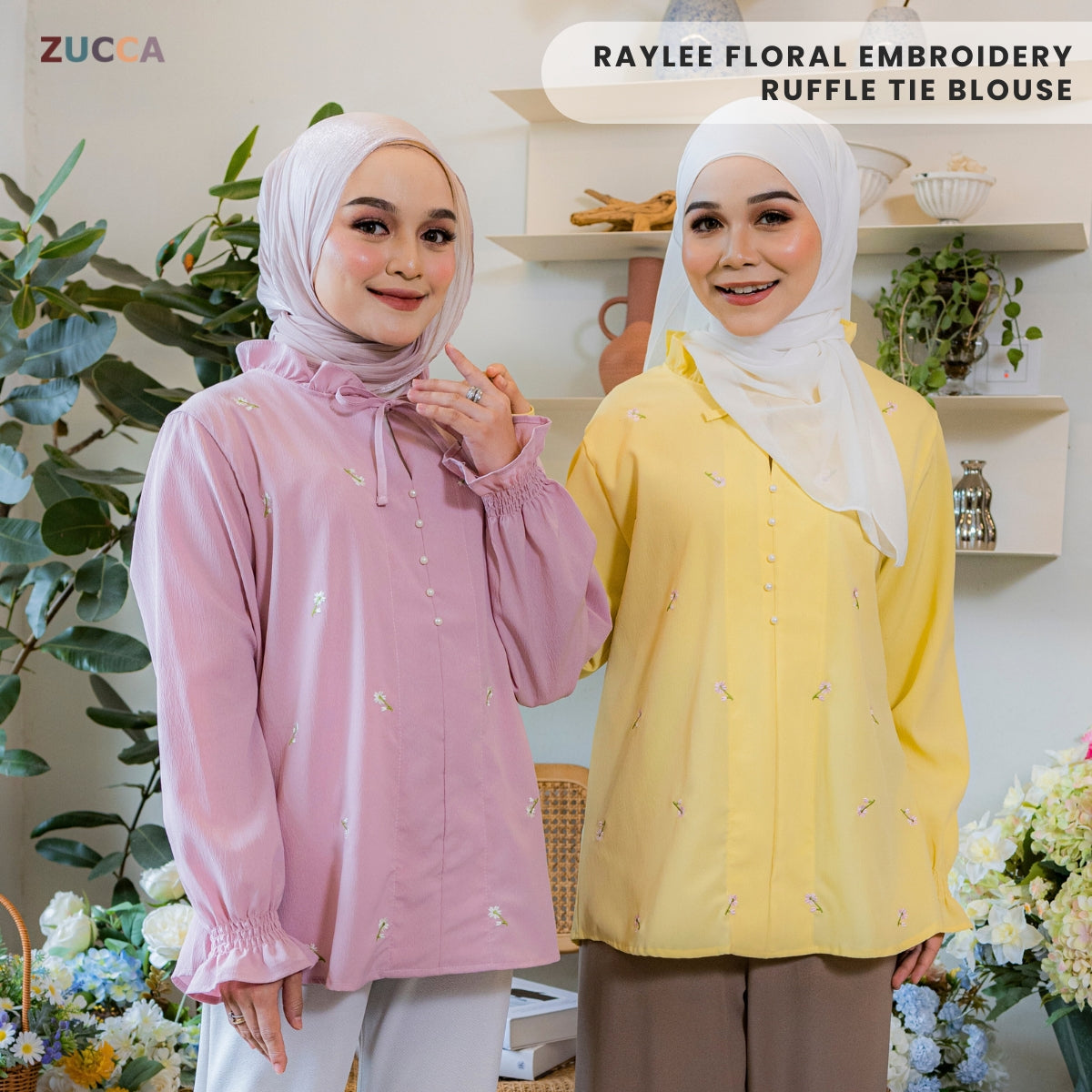 ZUCCA RAYLEE FLORAL EMBROIDERY RUFFLE TIE BLOUSE -MA074