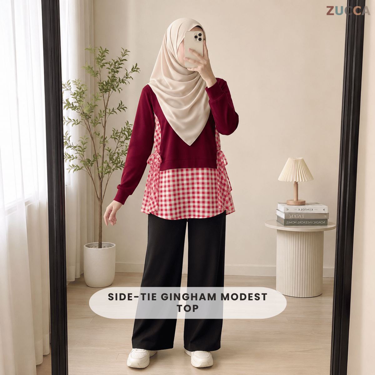 ZUCCA UQASHA SIDE-TIE GINGHAM MODEST TOP - MA128